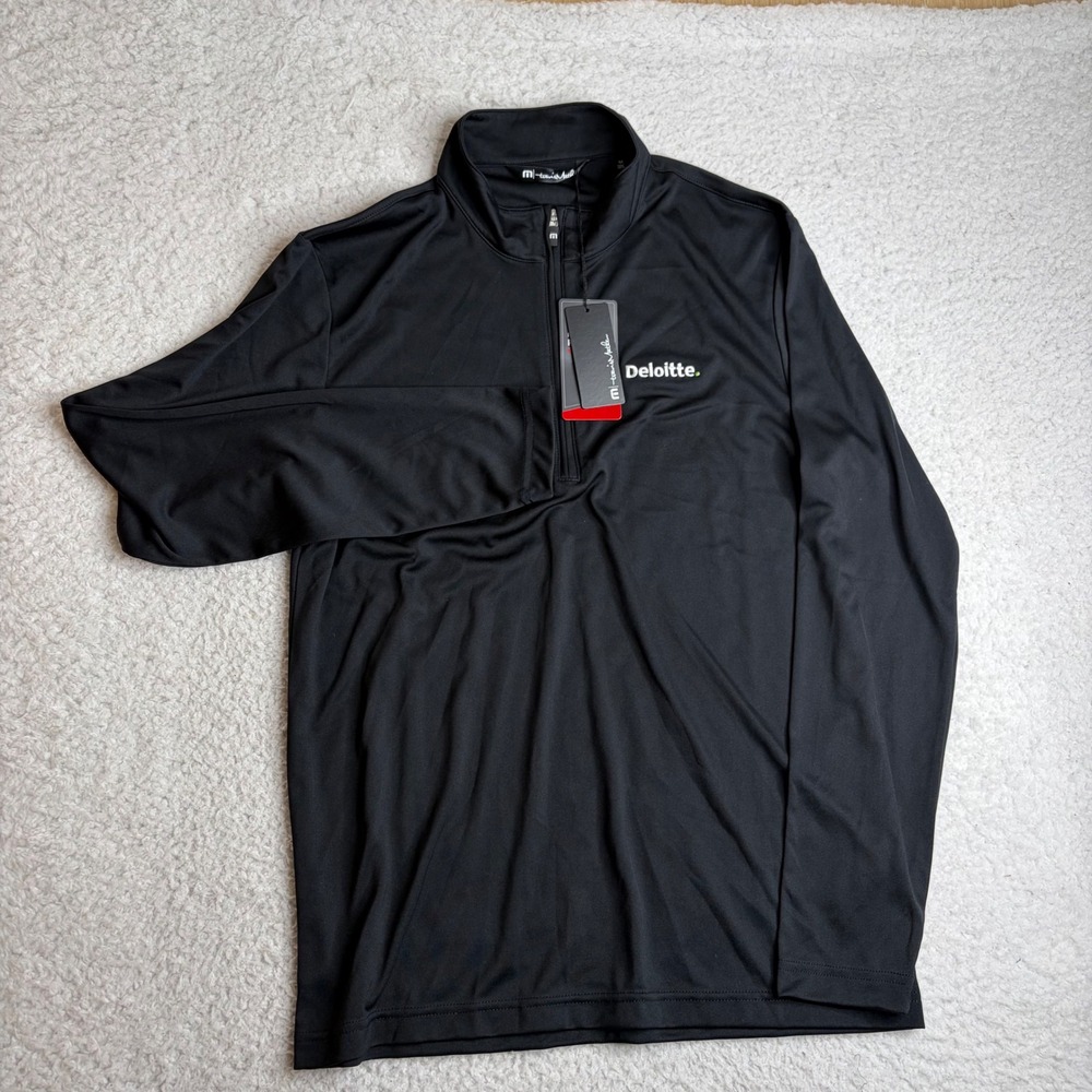 NEW TravisMathew Mens Quarter Zip Pullover Black Deloitte Logo Size M stretch - Picture 2 of 7
